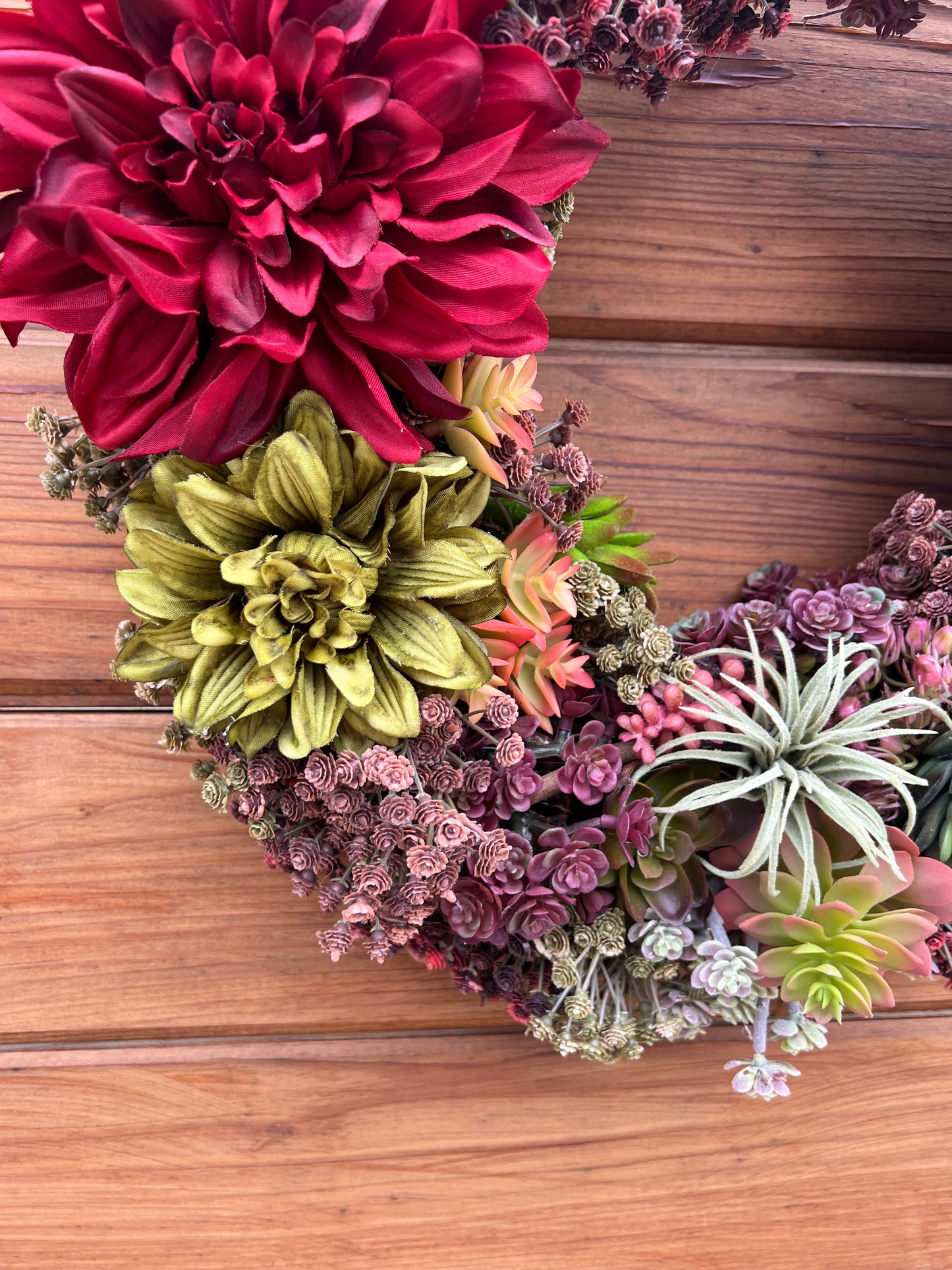 Faux succulents wreath with dahlias and artificial succulents. Front door wreath year round. Summer and Fall wreath