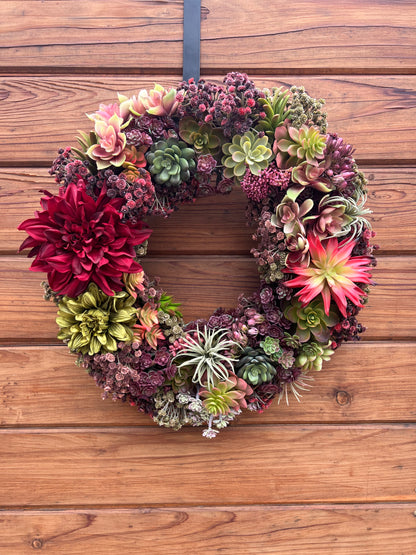 Faux succulents wreath with dahlias and artificial succulents. Front door wreath year round. Summer and Fall wreath