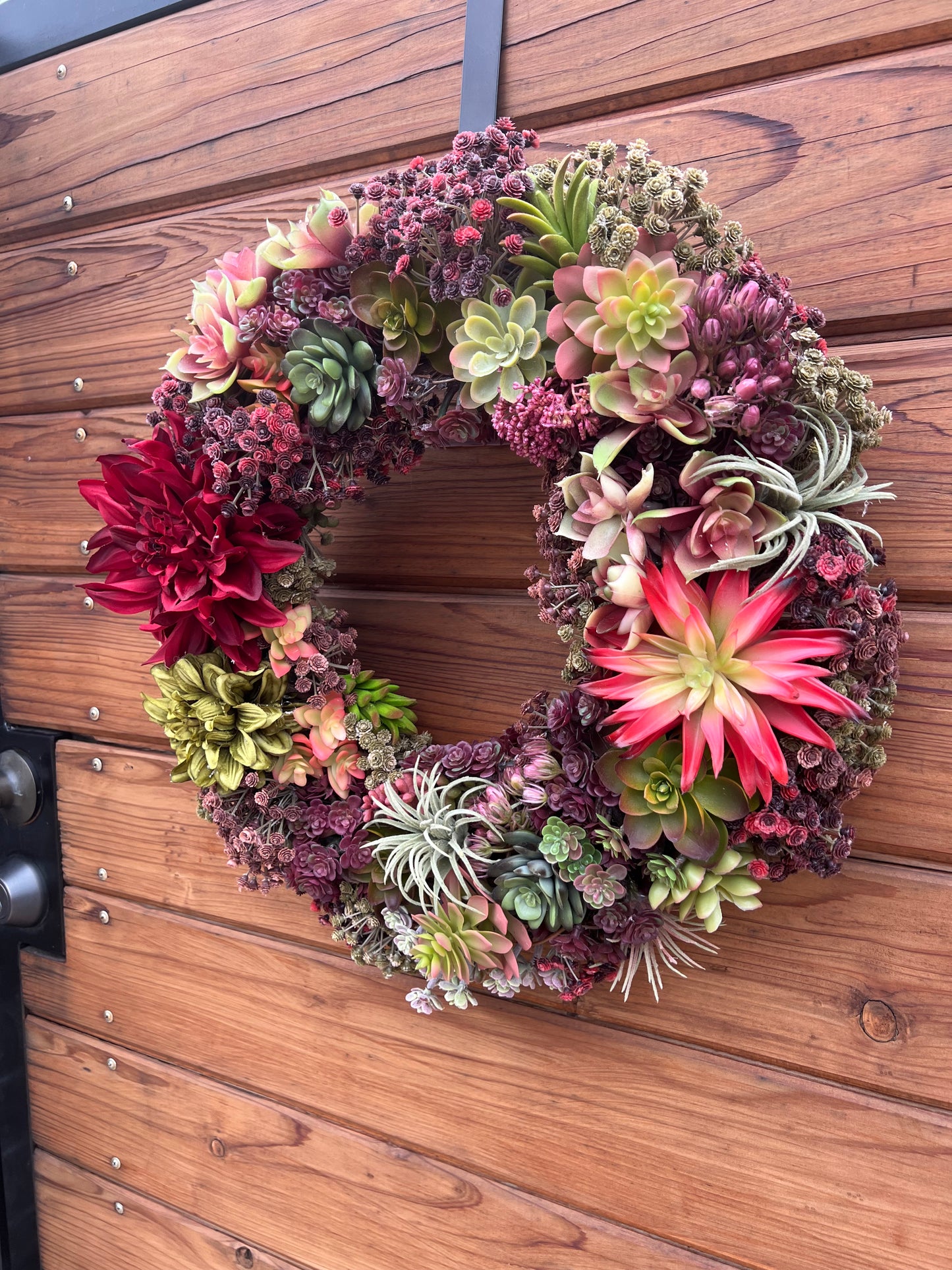 Faux succulents wreath with dahlias and artificial succulents. Front door wreath year round. Summer and Fall wreath