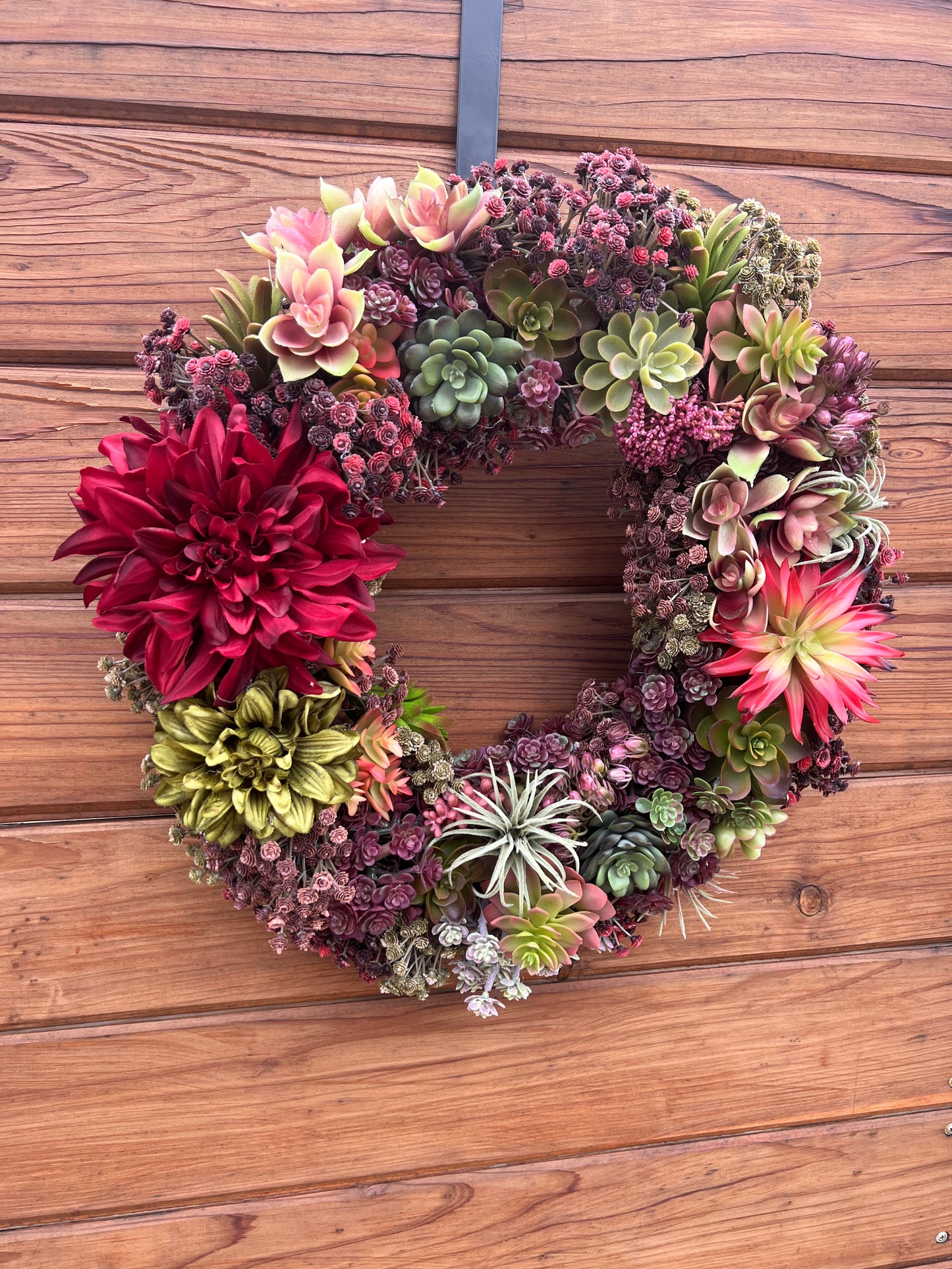 Faux succulents wreath with dahlias and artificial succulents. Front door wreath year round. Summer and Fall wreath