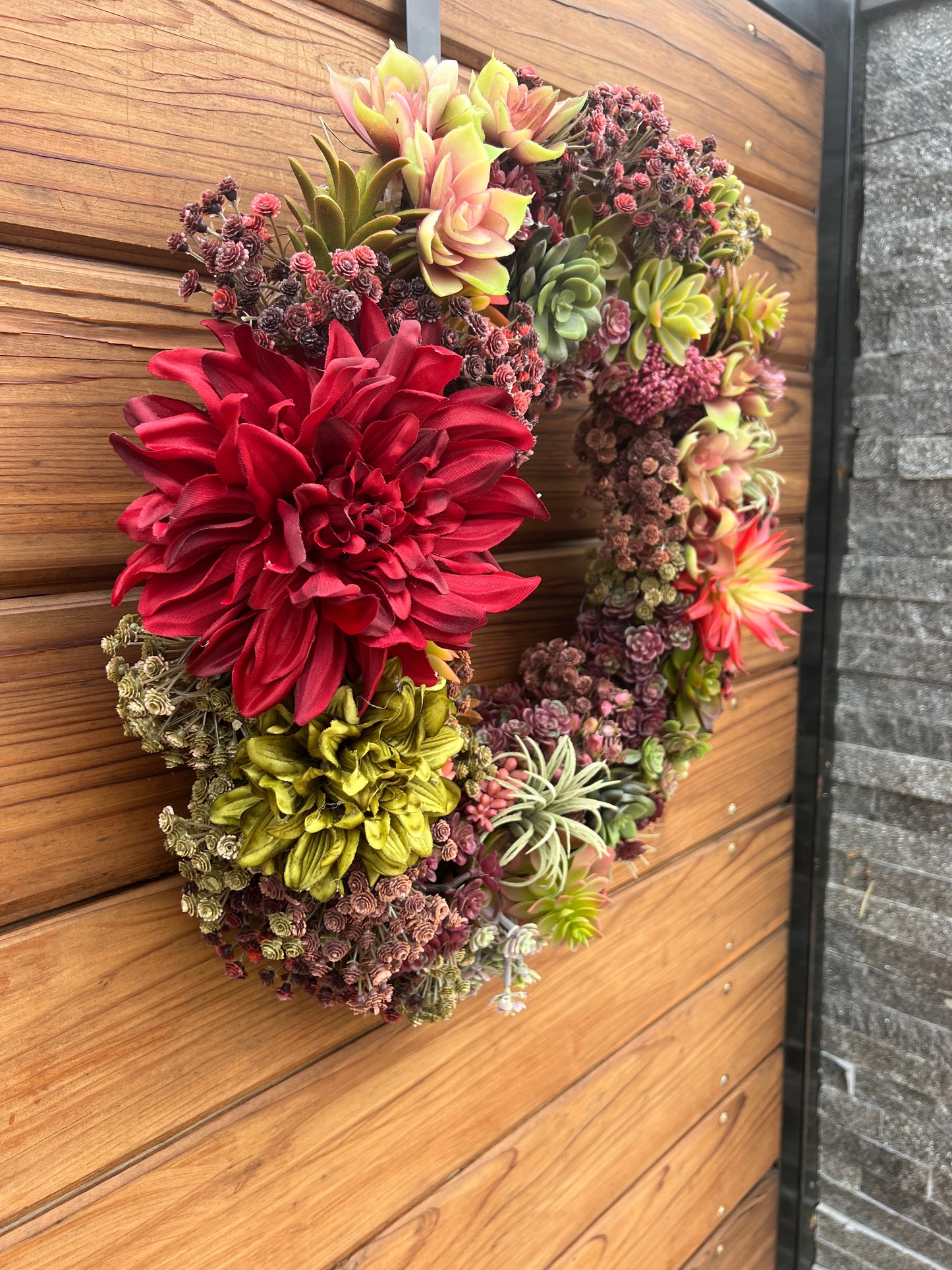 Faux succulents wreath with dahlias and artificial succulents. Front door wreath year round. Summer and Fall wreath