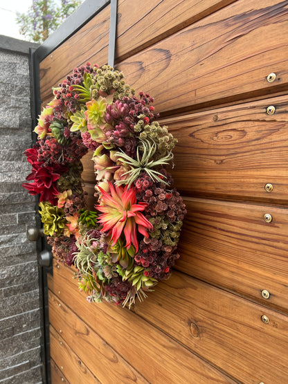 Faux succulents wreath with dahlias and artificial succulents. Front door wreath year round. Summer and Fall wreath