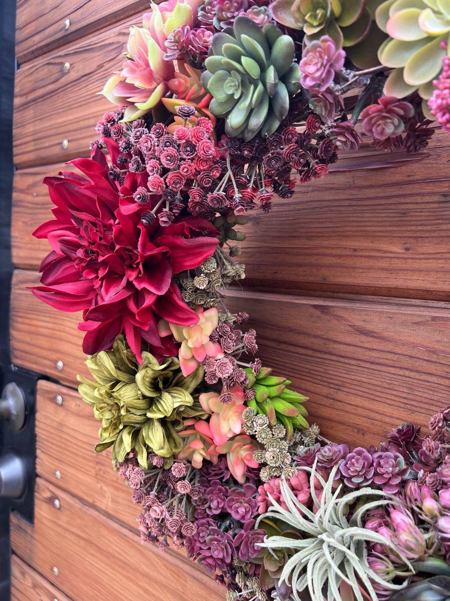 Faux succulents wreath with dahlias and artificial succulents. Front door wreath year round. Summer and Fall wreath