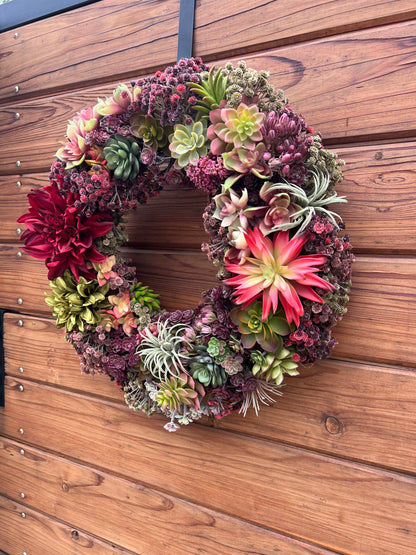 Faux succulents wreath with dahlias and artificial succulents. Front door wreath year round. Summer and Fall wreath