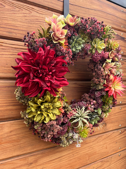 Faux succulents wreath with dahlias and artificial succulents. Front door wreath year round. Summer and Fall wreath