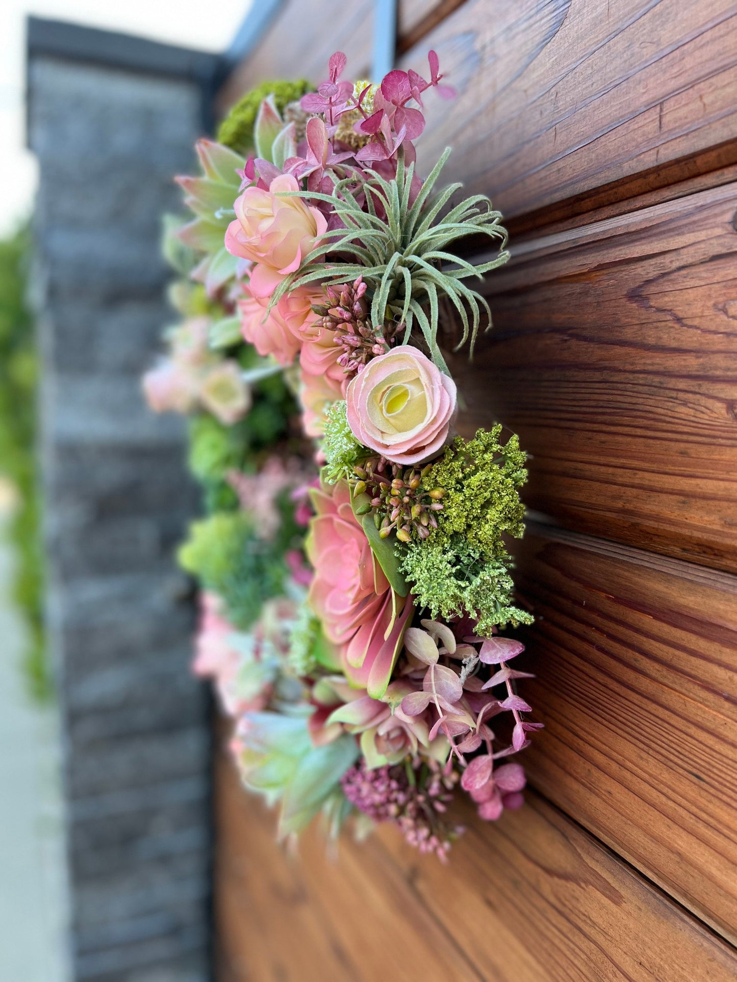 Artificial succulent wreath. Pink and green faux succulent wreath for front door.  Easter wreath