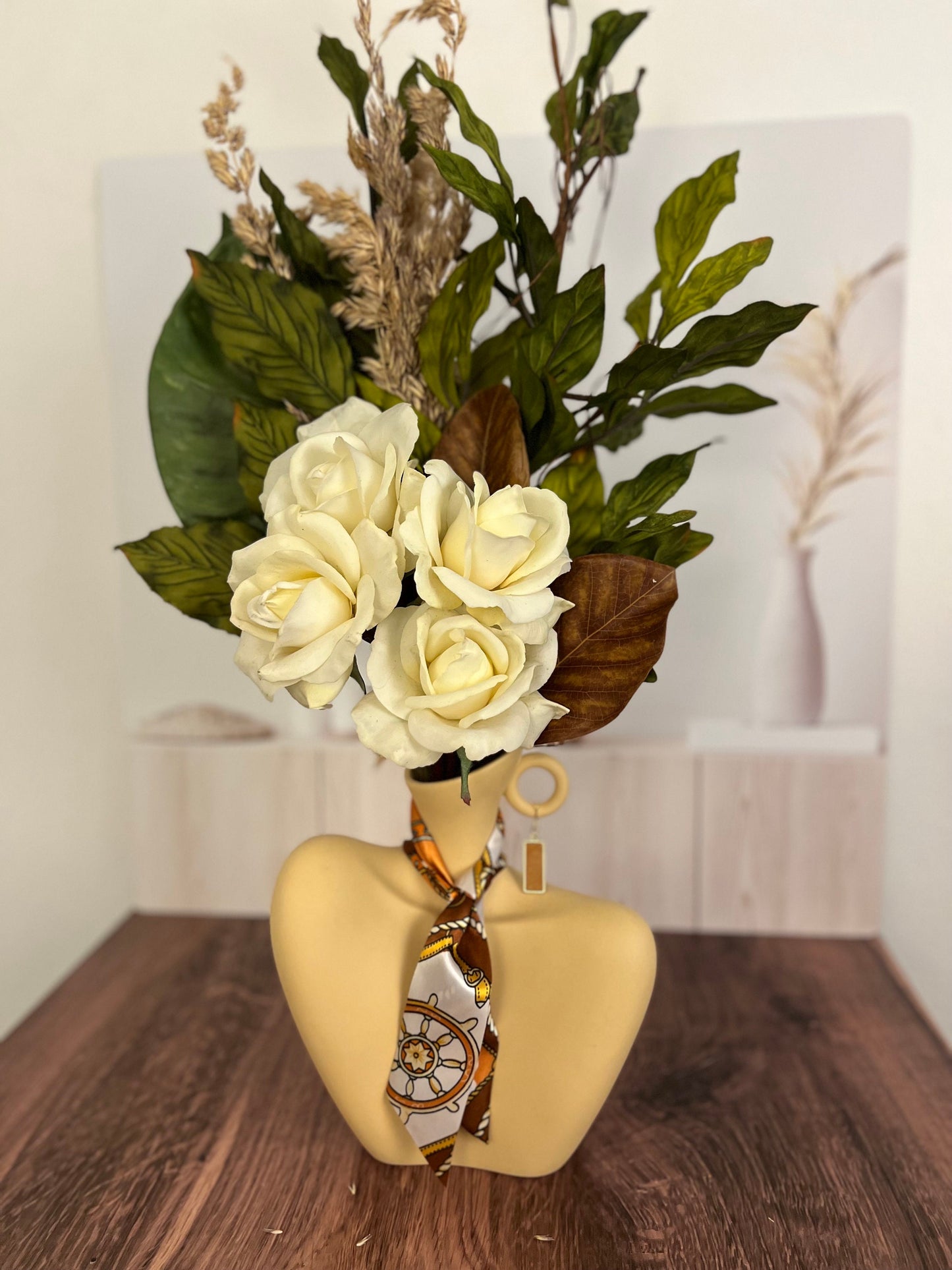 Cancer gift. Artificial floral arrangement. Ceramic centerpiece with faux and preserved florals. Faux floral arrangement for home decor.