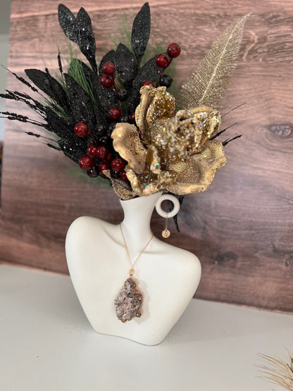 Elegant faux floral arrangement in a vase. Ceramic centerpiece. Christmas home decor. Christmas centerpiece. Black and gold centerpiece