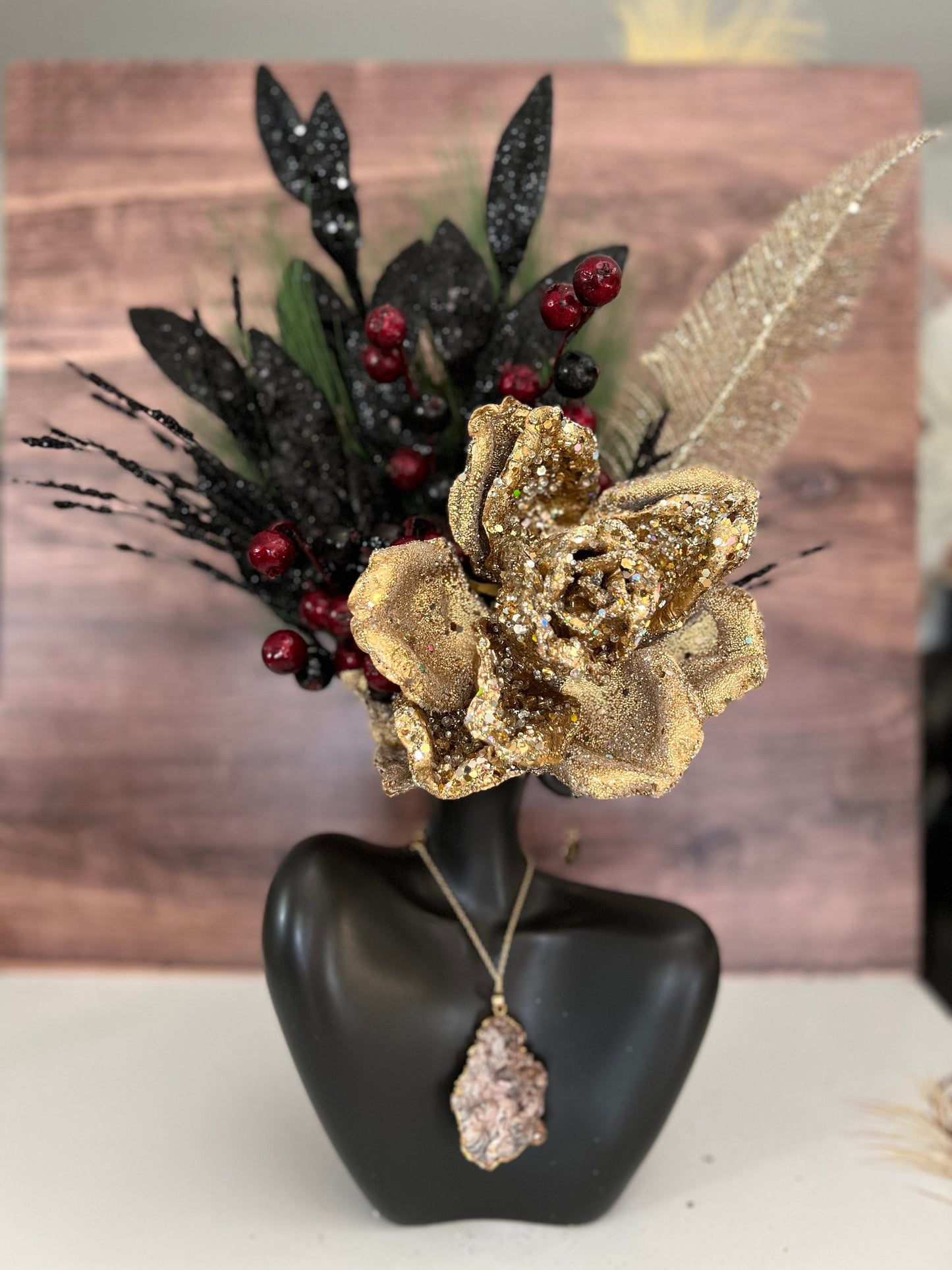 Elegant faux floral arrangement in a vase. Ceramic centerpiece. Christmas home decor. Christmas centerpiece. Black and gold centerpiece