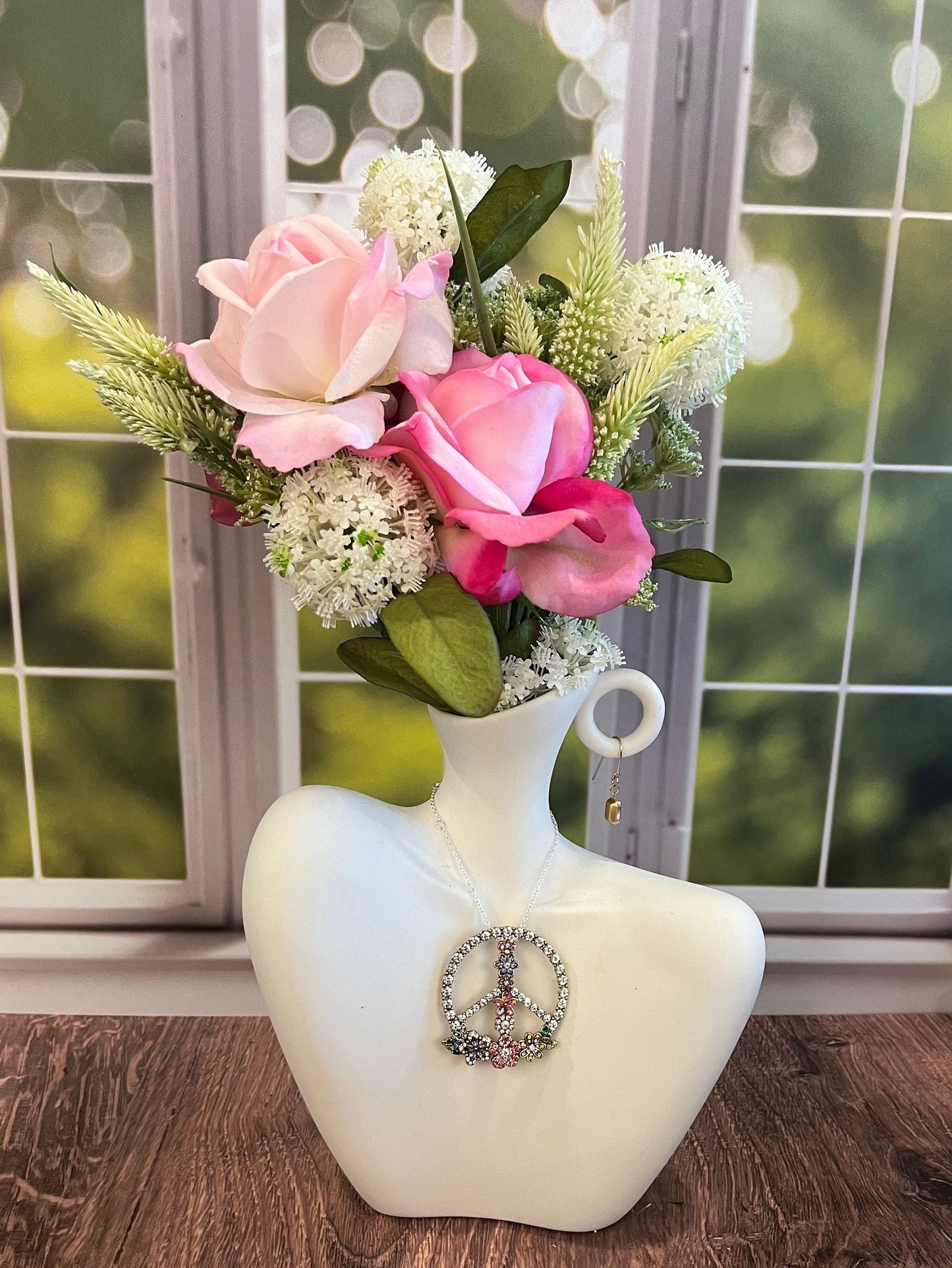 Spring gift. Mother's day gift box. Faux floral arrangement. Ceramic centerpiece with real-touch roses. Faux flower arrangement home decor.